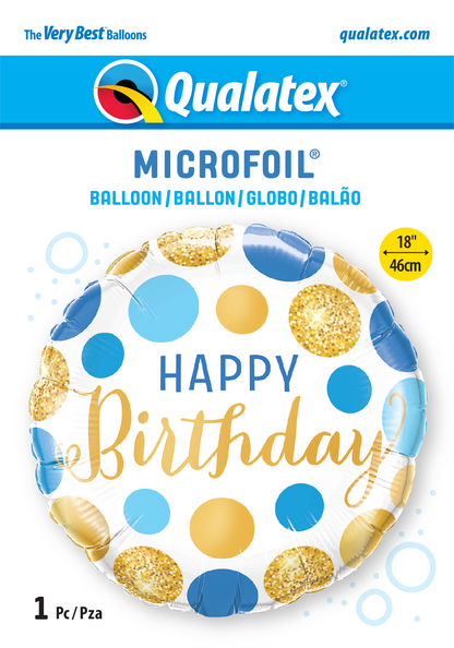Globo metalizado redondo azul oro happy birthday 18" Qualatex